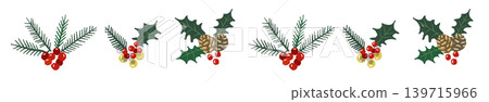 Illustration of a mixed line border decoration with holly, pine branches, and red berries. Transparent background. 139715966