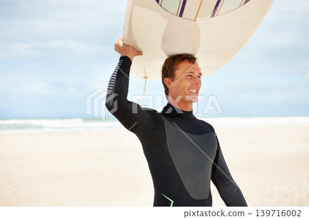 Beach, happy and man carry surfboard for water sports training, relax and fitness by ocean. Nature, outdoors and person excited for adventure on holiday, vacation and hobby by sea in Australia Beach, happy and man carry surfboard for water sports training, relax and fitness by ocean. Nature, outdoors and person excited for adventure on holiday, vacation and hobby by sea in Australia 139716002