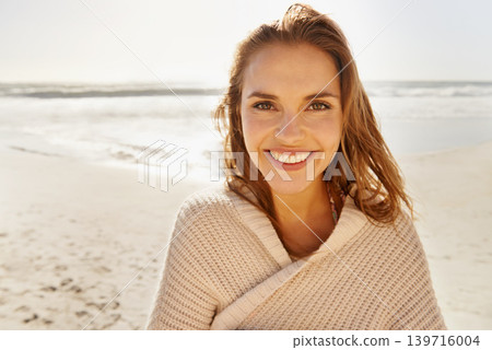 Travel, portrait and happy woman at a beach for summer, break or vacation, adventure or holiday. Ocean, face and female person smile at the sea with freedom, good mood or solo trip in South Africa Travel, portrait and happy woman at a beach for summer, break or vacation, adventure or holiday. Ocean, face and female person smile at the sea with freedom, good mood or solo trip in South Africa 139716004