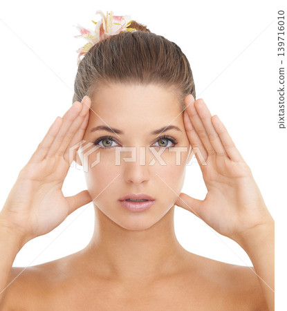 Skincare, wellness and hands on face of woman in studio with facelift, cosmetics on results on white background. Natural beauty, portrait and female model with dermatology, collagen or glowing skin Skincare, wellness and hands on face of woman in studio with facelift, cosmetics on results on white background. Natural beauty, portrait and female model with dermatology, collagen or glowing skin 139716010