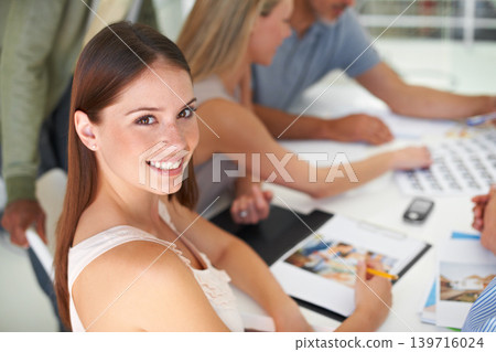 Magazine, design and portrait of woman in meeting with team project, collaboration and creative planning. Happy, person and photographer work at table with catalog, portfolio and editing process Magazine, design and portrait of woman in meeting with team project, collaboration and creative planning. Happy, person and photographer work at table with catalog, portfolio and editing process 139716024