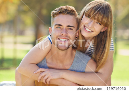 Portrait, park and couple with love, hug and happiness with marriage and bonding together. Face, embrace and man with woman and cheerful relationship and outdoor for a date with fun, joyful and smile Portrait, park and couple with love, hug and happiness with marriage and bonding together. Face, embrace and man with woman and cheerful relationship and outdoor for a date with fun, joyful and smile 139716030
