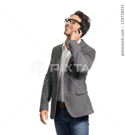 Happy, laugh and phone call by business man in studio with silly conversation on white background. Smartphone, networking and male salesman with funny client, joke or friendly online consultation Happy, laugh and phone call by business man in studio with silly conversation on white background. Smartphone, networking and male salesman with funny client, joke or friendly online consultation 139716031