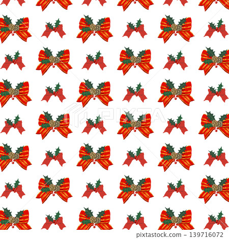 Random seamless pattern background illustration of striped ribbon with holly and ornaments. Random seamless pattern background illustration of striped ribbon with holly and ornaments. 139716072