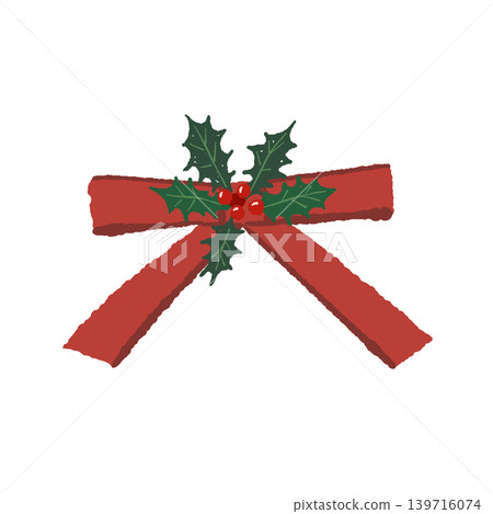 Simple red ribbon with holly leaves (single illustration, transparent background) Simple red ribbon with holly leaves (single illustration, transparent background) 139716074