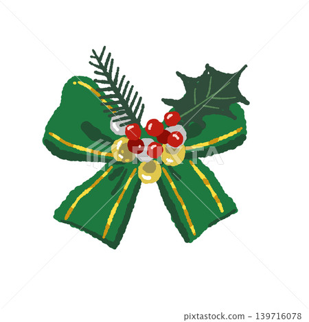 Solo illustration of a green ribbon with holly and ornaments, transparent background. Solo illustration of a green ribbon with holly and ornaments, transparent background. 139716078