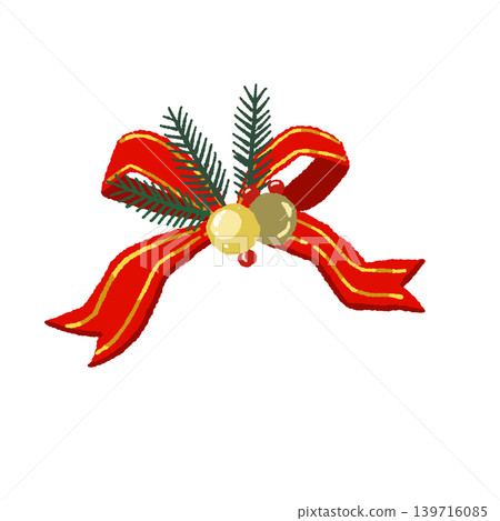 一張插圖，圖案為一條紅色條紋絲帶，上麵點綴著松枝和裝飾物，背景透明。 139716085