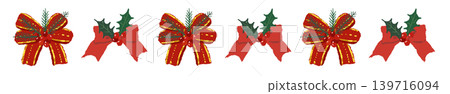A gorgeous red ribbon line border decoration illustration featuring pine cones and holly. Transparent background. A gorgeous red ribbon line border decoration illustration featuring pine cones and holly. Transparent background. 139716094