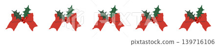 A luxurious red striped ribbon line border decoration with holly and ornaments. 139716106