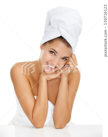 Happy woman, portrait and towel in studio for shower, body care or wellness routine on white background. Face, beauty or lady model with cosmetic satisfaction, glowing skin or DIY bathroom spa pamper Happy woman, portrait and towel in studio for shower, body care or wellness routine on white background. Face, beauty or lady model with cosmetic satisfaction, glowing skin or DIY bathroom spa pamper 139716123