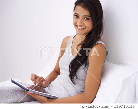Portrait, home and woman with a tablet, smile and internet with connection, social media and daily online blog. Face, person or girl with technology, email or website info with network or digital app 139716136