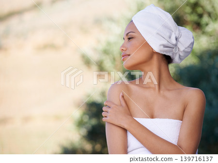 Spa, beauty therapy and woman in nature in towel for health, skincare touch and wellness. Relax, body and young person at salon for pamper treatment, peace and girl thinking of outdoor resort mockup Spa, beauty therapy and woman in nature in towel for health, skincare touch and wellness. Relax, body and young person at salon for pamper treatment, peace and girl thinking of outdoor resort mockup 139716137