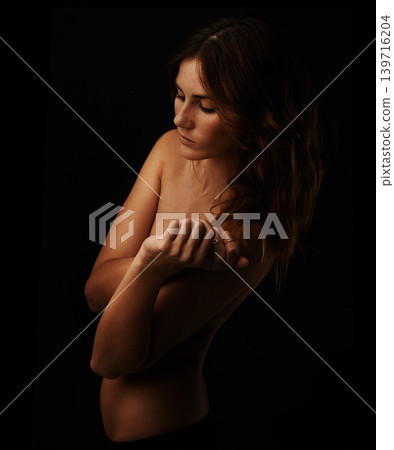 Woman, body and skincare for beauty, art or style with creative on a dark studio background. Face of young female person, brunette or topless model in underwear, shadow or skin tone on mockup space 139716204