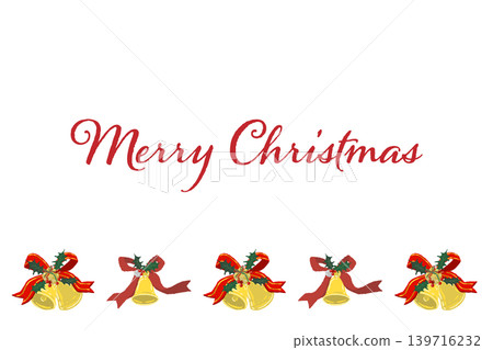 Luxurious red ribbon and simple bell bottom border decoration. Horizontal Christmas card template with transparent background. Luxurious red ribbon and simple bell bottom border decoration. Horizontal Christmas card template with transparent background. 139716232