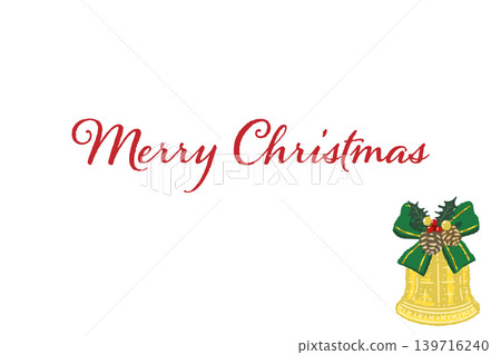 Holly, luxurious green ribbon, and two bell corner decorations. Horizontal Christmas card template with transparent background. Holly, luxurious green ribbon, and two bell corner decorations. Horizontal Christmas card template with transparent background. 139716240