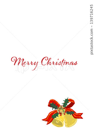 Holly, luxurious green striped ribbon, and two bell corner decorations - Vertical Christmas card template Holly, luxurious green striped ribbon, and two bell corner decorations - Vertical Christmas card template 139716245