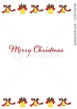 Vertical Christmas card template featuring holly, a luxurious red striped ribbon, and two bells as top and bottom border decorations. Vertical Christmas card template featuring holly, a luxurious red striped ribbon, and two bells as top and bottom border decorations. 139716249