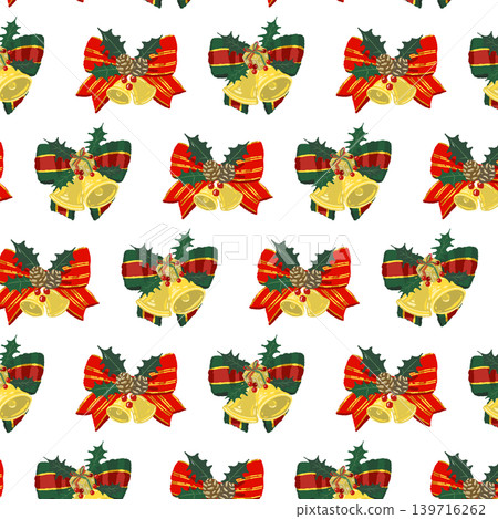 Luxurious mixed ribbon with holly and two bells seamless pattern background. Transparent background. Luxurious mixed ribbon with holly and two bells seamless pattern background. Transparent background. 139716262