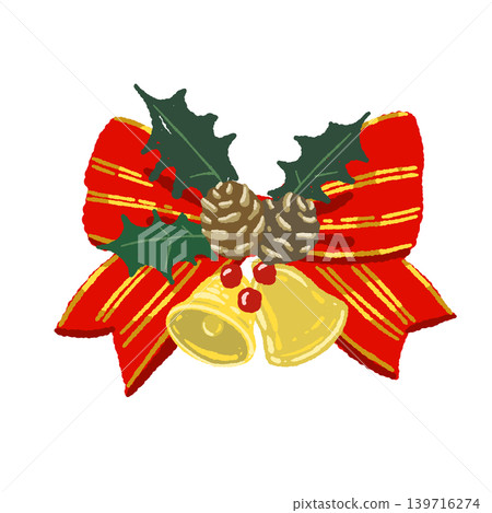A single illustration of a luxurious red striped ribbon and two bells, with a transparent background. A single illustration of a luxurious red striped ribbon and two bells, with a transparent background. 139716274