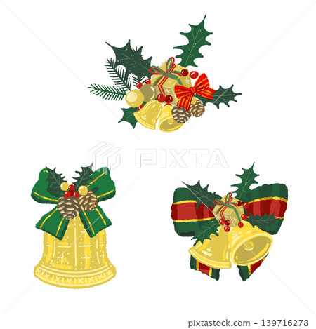 Luxurious bells with green ribbons (set of 3) - Illustration material with transparent background Luxurious bells with green ribbons (set of 3) - Illustration material with transparent background 139716278