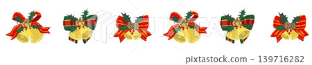 Luxurious red ribbon and two bell line border decoration illustration with transparent background. Luxurious red ribbon and two bell line border decoration illustration with transparent background. 139716282