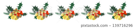 A gorgeous red ribbon with holly and two bells as a line border decoration. Transparent background. 2 139716296