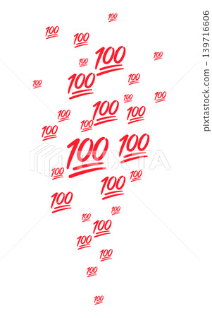 Floating red handwritten 100 percent symbols illustration, flying perfect score marks, social media reaction pattern, approval rating graphic, success achievement design 139716606
