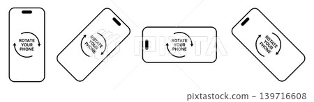 Rotate your phone icon set with smartphone orientation symbols, vertical, diagonal and horizontal screen rotation instructions, simple black outline mobile interface illustration collection Rotate your phone icon set with smartphone orientation symbols, vertical, diagonal and horizontal screen rotation instructions, simple black outline mobile interface illustration collection 139716608