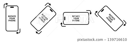 Rotate your phone icon set with smartphone orientation symbols, vertical and horizontal screen rotation instructions, simple black outline mobile interface illustration collection Rotate your phone icon set with smartphone orientation symbols, vertical and horizontal screen rotation instructions, simple black outline mobile interface illustration collection 139716610