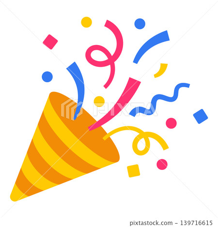 Colorful party popper with confetti illustration, festive celebration burst icon, birthday holiday event decoration, cheerful carnival graphic, fun anniversary design, isolated flat decor element Colorful party popper with confetti illustration, festive celebration burst icon, birthday holiday event decoration, cheerful carnival graphic, fun anniversary design, isolated flat decor element 139716615