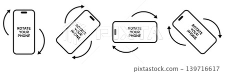 Rotate your phone icon set with smartphone orientation symbols, vertical and horizontal screen rotation illustration, mobile device instruction signs, simple black outline interface graphic collection Rotate your phone icon set with smartphone orientation symbols, vertical and horizontal screen rotation illustration, mobile device instruction signs, simple black outline interface graphic collection 139716617