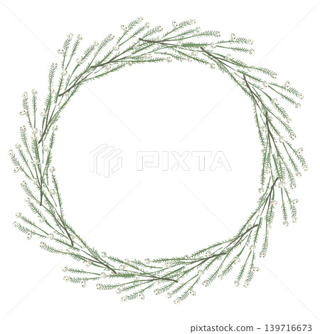 Cotton flower wild type branch and leaf wreath illustration in a round frame with transparent background. 139716673