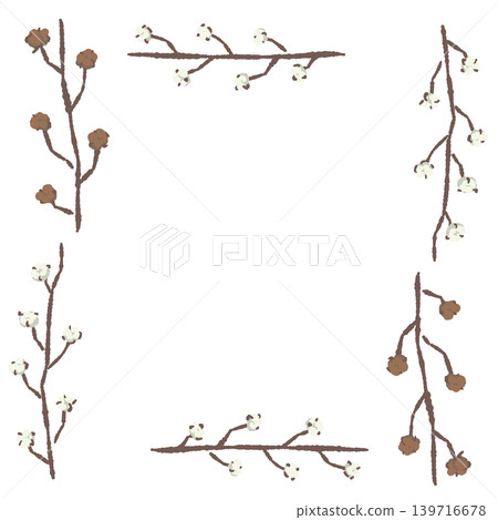 Cotton flower and branch corner square frame decorative illustration with transparent background Cotton flower and branch corner square frame decorative illustration with transparent background 139716678