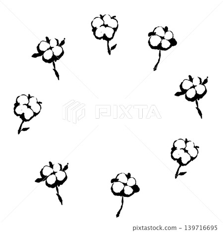Simple monochrome wreath of cotton flowers, round frame illustration, transparent background. 139716695