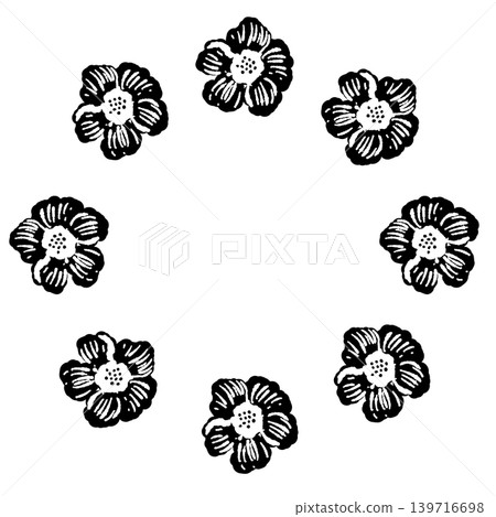 Floral botanical monochrome wreath illustration in a round frame with transparent background. 139716698