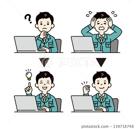 A set of vector illustrations of a businessman in work clothes sitting in front of a computer, resolving a problem. A set of vector illustrations of a businessman in work clothes sitting in front of a computer, resolving a problem. 139716748