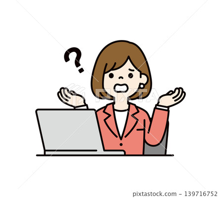 A vector illustration of a young businesswoman with a troubled expression and a gesture of helplessness in front of a computer. A vector illustration of a young businesswoman with a troubled expression and a gesture of helplessness in front of a computer. 139716752