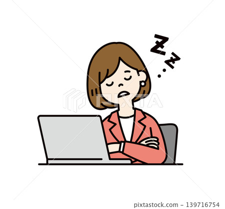 Vector illustration of the upper body of a female employee/businesswoman dozing off in front of her computer. 139716754