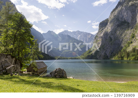 Small boathouse at lake Obersee, lake Konigssee, in the Berchtesgaden Alps, Bavaria, Germany Small boathouse at lake Obersee, lake Konigssee, in the Berchtesgaden Alps, Bavaria, Germany 139716909