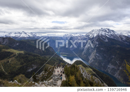 Panoramic view from Jenner mountain towards lake Konigssee, in autumn, Bavaria, Germany Panoramic view from Jenner mountain towards lake Konigssee, in autumn, Bavaria, Germany 139716946