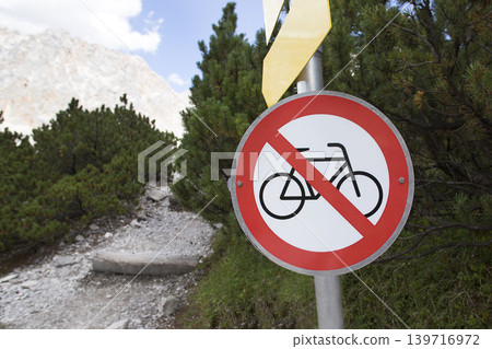 Sign: No passage for bicycles in the mountains 139716972