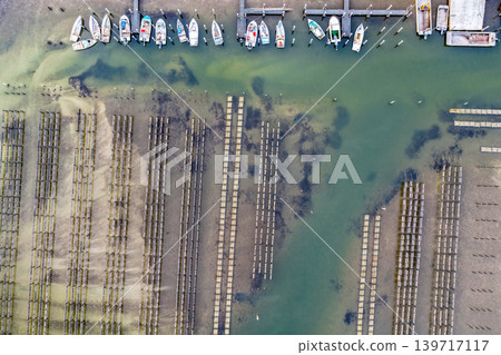Aerial view of an oyster lease in the clear shallow waters of Wallis Lake in Forster NSW Australia. Drone photograph captures oyster farming infrastructure, transparent waterways and natural estuary Aerial view of an oyster lease in the clear shallow waters of Wallis Lake in Forster NSW Australia. Drone photograph captures oyster farming infrastructure, transparent waterways and natural estuary 139717117