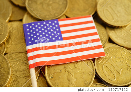 USA American flag on coin and banknote money, finance trading investment business currency concept. 139717122