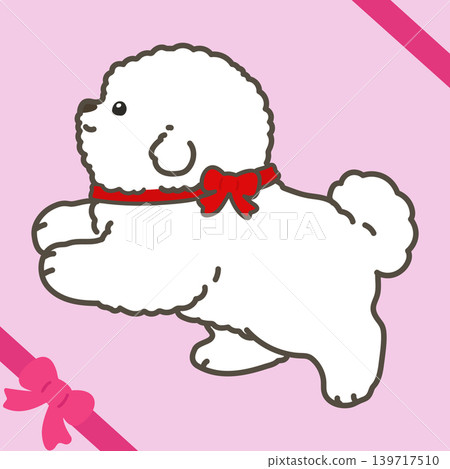 A running Bichon Frise puppy with a red ribbon (side view, outlined). A running Bichon Frise puppy with a red ribbon (side view, outlined). 139717510