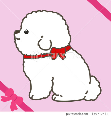 A sitting Bichon Frise puppy with a red ribbon (side view, outlined). A sitting Bichon Frise puppy with a red ribbon (side view, outlined). 139717512