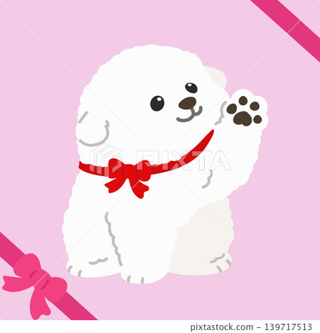 一隻比熊幼犬坐著揮手,脖子上繫著一條紅色絲帶。 (無輪廓線) 一隻比熊幼犬坐著揮手,脖子上繫著一條紅色絲帶。 (無輪廓線) 139717513