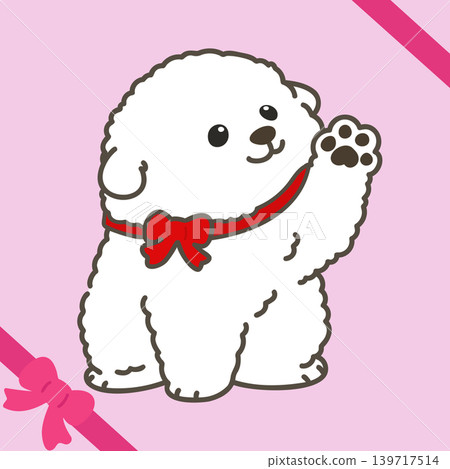 A Bichon Frise puppy sitting and waving, wearing a red ribbon (with outline). A Bichon Frise puppy sitting and waving, wearing a red ribbon (with outline). 139717514