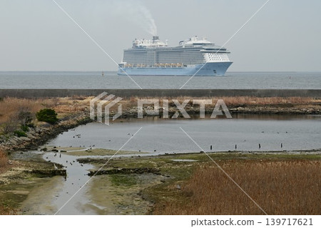A distant view from the Osaka South Port Bird Sanctuary: The giant cruise ship Spectrum of the Seas entering Osaka Port. A distant view from the Osaka South Port Bird Sanctuary: The giant cruise ship Spectrum of the Seas entering Osaka Port. 139717621