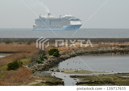 A distant view from the Osaka South Port Bird Sanctuary: The giant cruise ship Spectrum of the Seas entering Osaka Port. A distant view from the Osaka South Port Bird Sanctuary: The giant cruise ship Spectrum of the Seas entering Osaka Port. 139717635