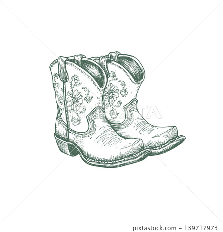 Floral cowgirl boots in vintage western style. Wild West rodeo cowboy footwear ink vector clipart. Floral cowgirl boots in vintage western style. Wild West rodeo cowboy footwear ink vector clipart. 139717973